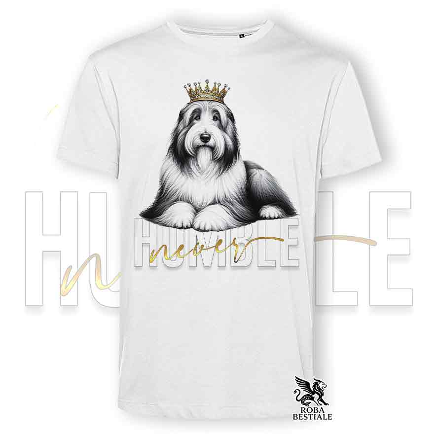 T-shirt stampata con un Bearded Collie, colore bianco con grafica Never Humble