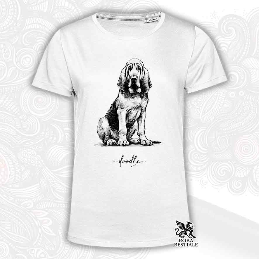T-shirt bianca stampata con un Bloodhound, grafica Doodle