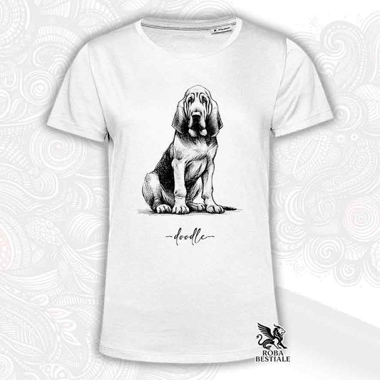 T-shirt bianca stampata con un Bloodhound, grafica Doodle