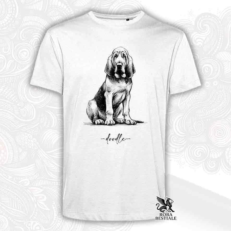T-shirt bianca stampata con un Bloodhound, grafica Doodle