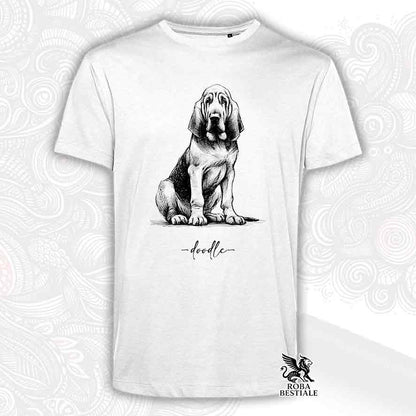 T-shirt bianca stampata con un Bloodhound, grafica Doodle