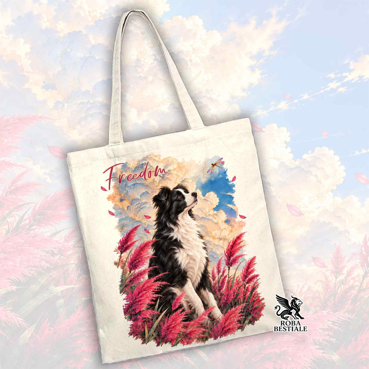 Borsa tote bianca con stampa Border Collie e scritta Freedom, logo sul lato.