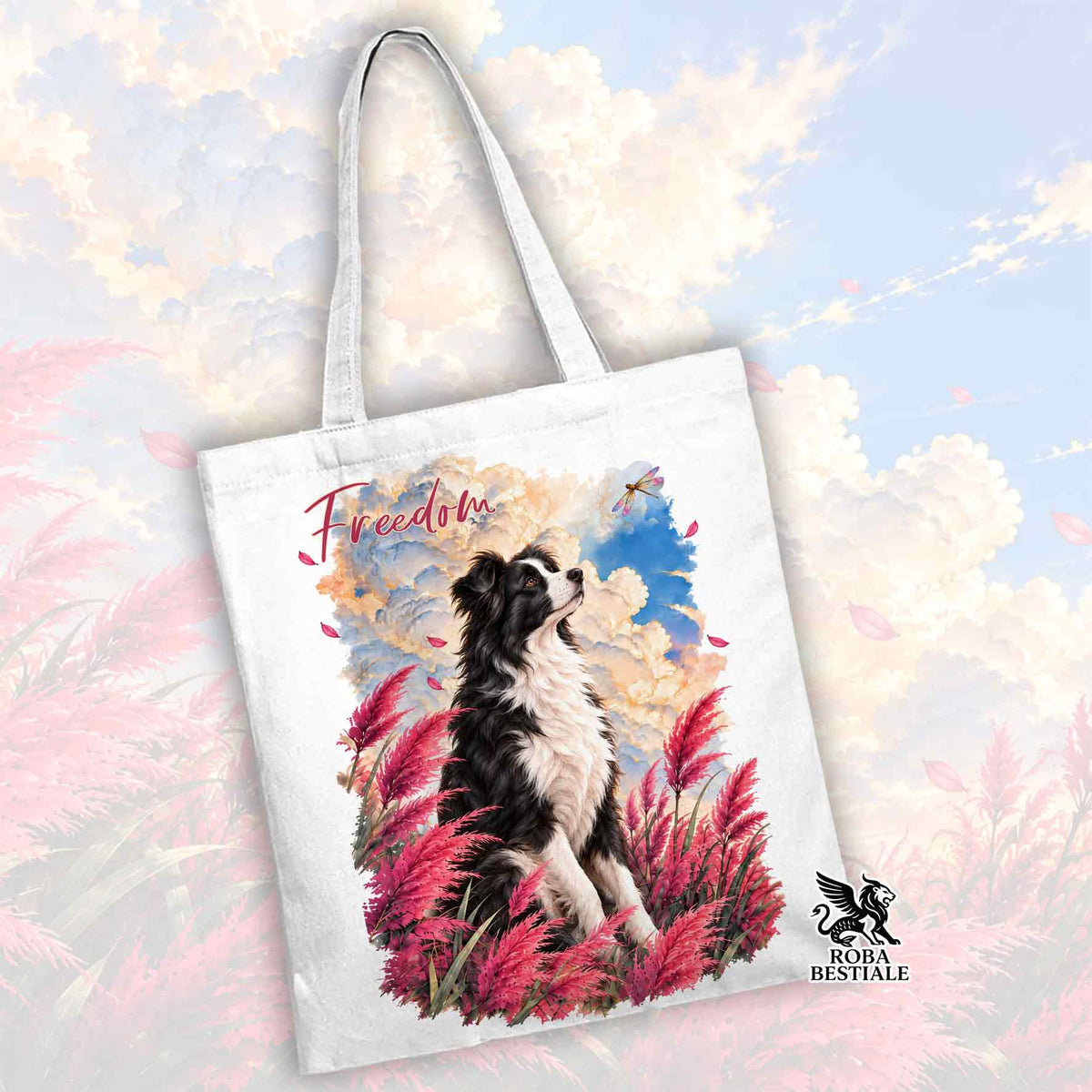 Borsa tote bianca con stampa Border Collie e scritta Freedom, logo sul lato.