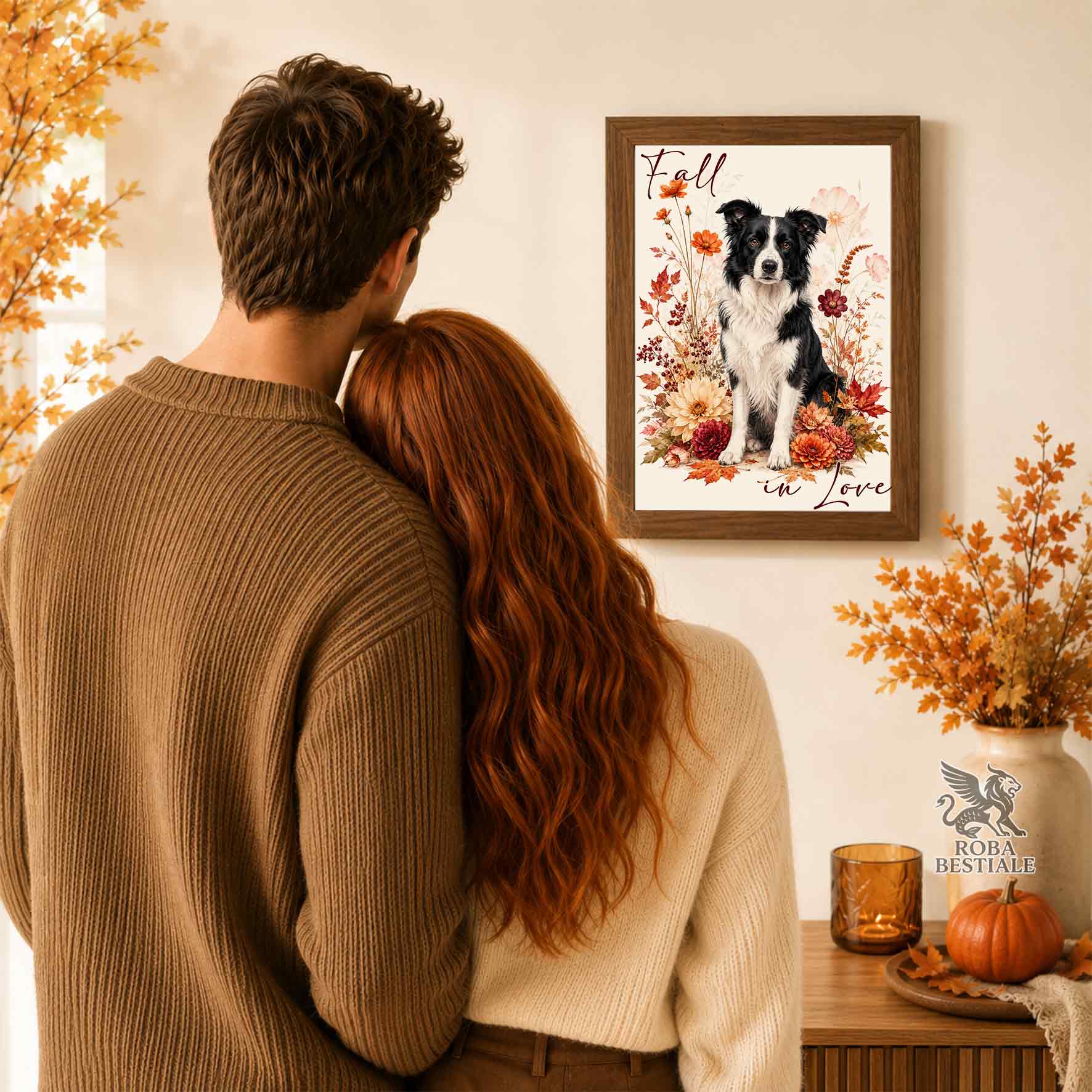 Quadretto con la stampa A4 di un Border Collie seduto in mezzo a fiori e foglie autunnali. Grafica originale Roba Bestiale, collezione Fall in Love