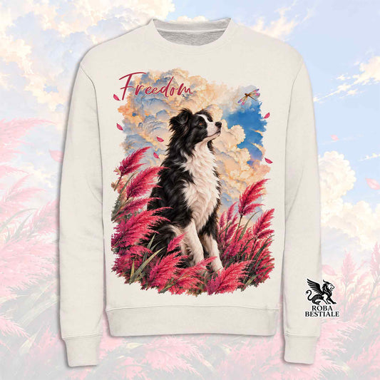 Felpa girocollo bianca con stampa Border Collie e logo ROBA BESTIALE