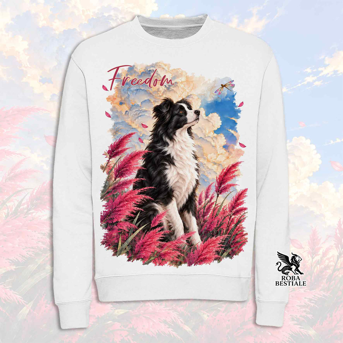 Felpa girocollo bianca con stampa Border Collie, scritta Freedom e logo ROBA BESTIALE