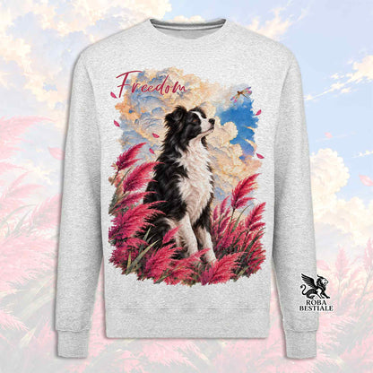 Felpa girocollo grigio chiaro con stampa Border Collie e logo ROBA BESTIALE