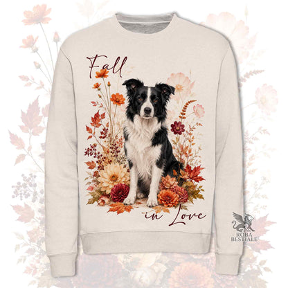 Felpa girocollo beige stampata con un Border Collie seduto in mezzo a fiori e foglie autunnali. Grafica originale Roba Bestiale, collezione Fall in Love