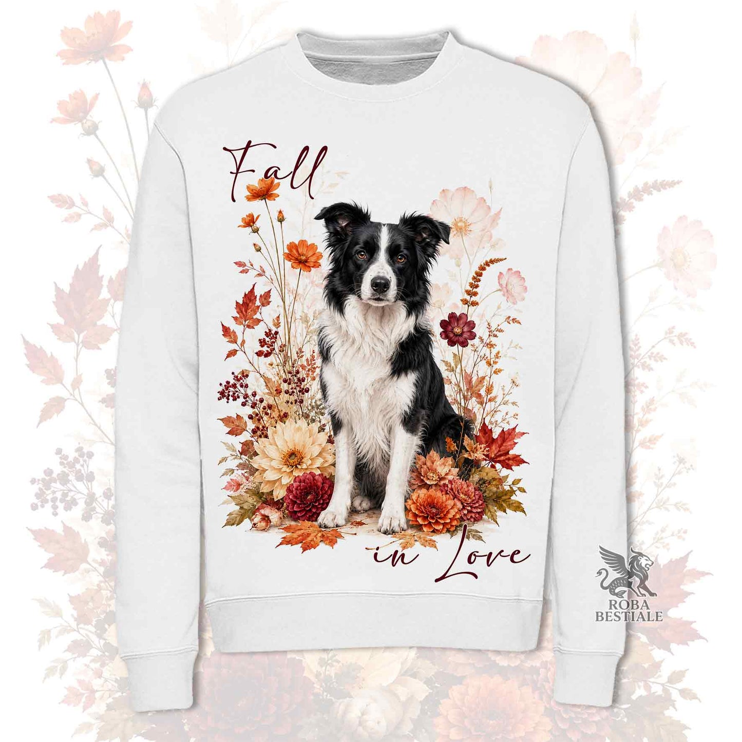 Felpa girocollo bianca stampata con un Border Collie seduto in mezzo a fiori e foglie autunnali. Grafica originale Roba Bestiale, collezione Fall in Love