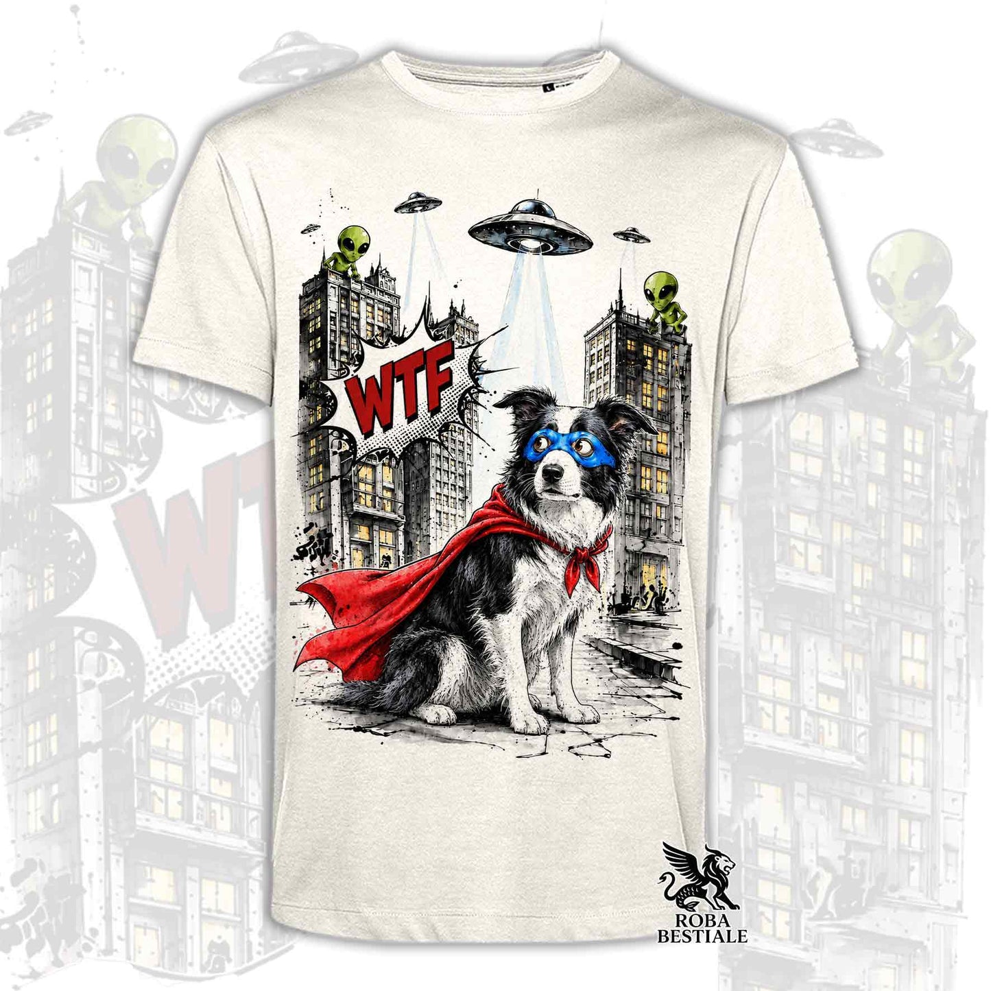 T-shirt beige stampata con un Border Collie con espressione sorpresa, vestito da Super Eroe. Grafica originale Roba Bestiale, collezione Hero