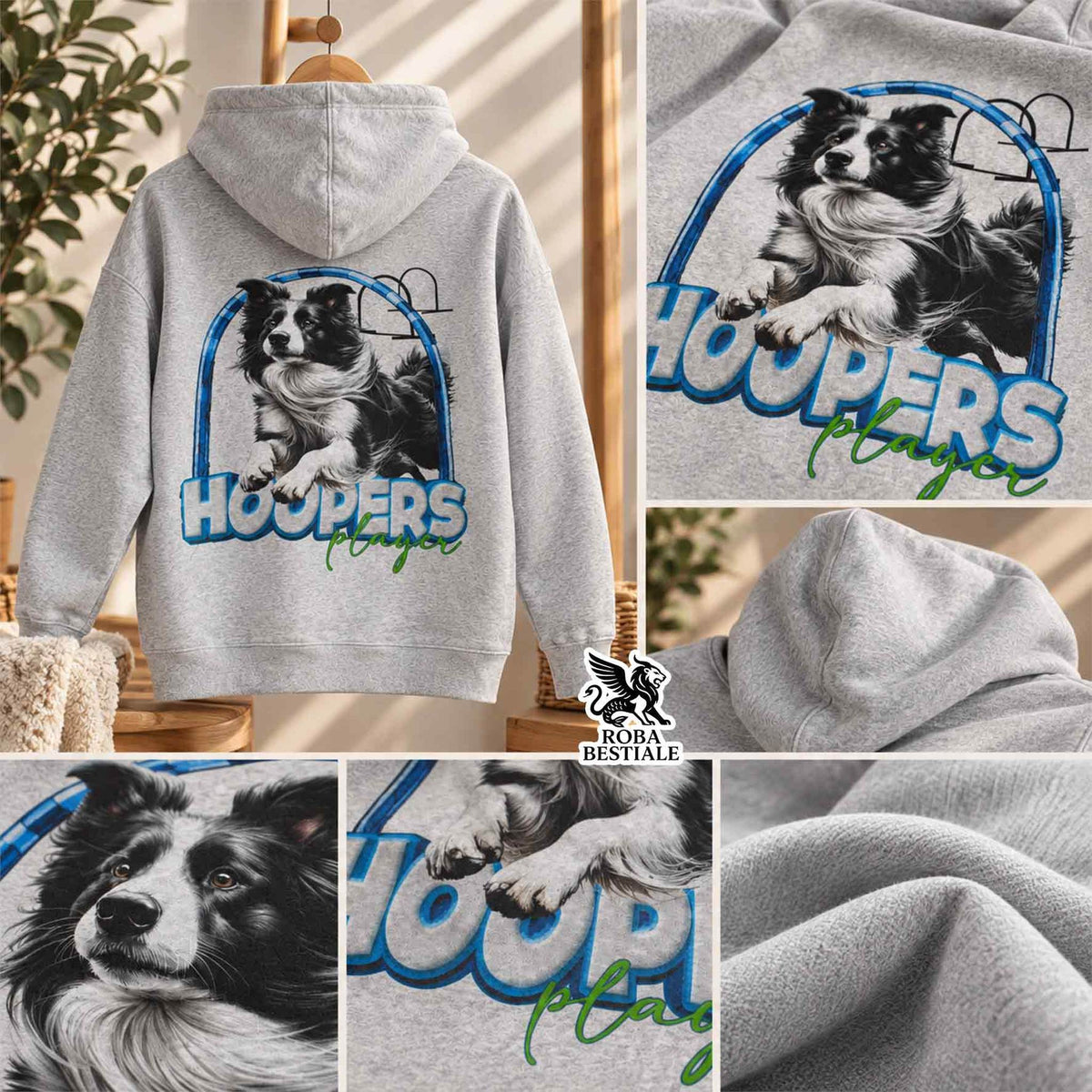Felpa grigia con cappuccio e zip, stampa cane e HOOPERS sul davanti
