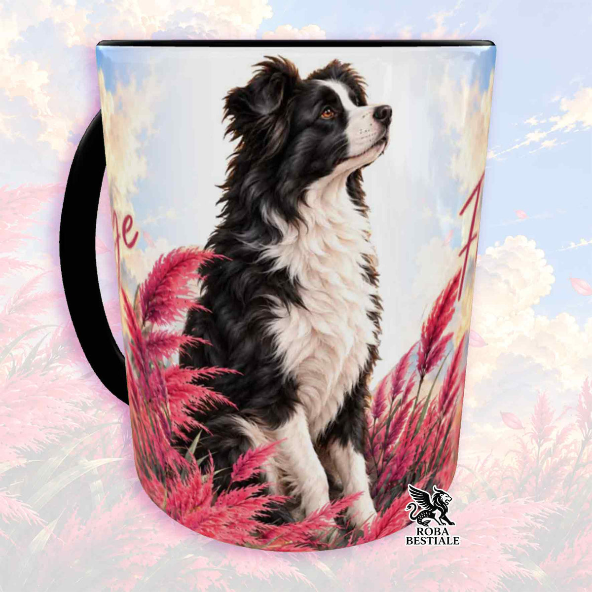 Tazza bianca con manico nero e illustrazione di un Border Collie bianco e nero