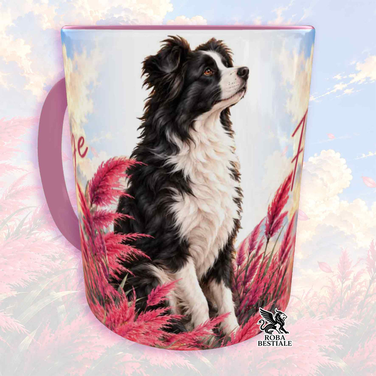 Tazza bianca con manico rosa e illustrazione di un Border Collie bianco e nero