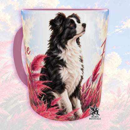 Tazza bianca con manico rosa e illustrazione di un Border Collie bianco e nero