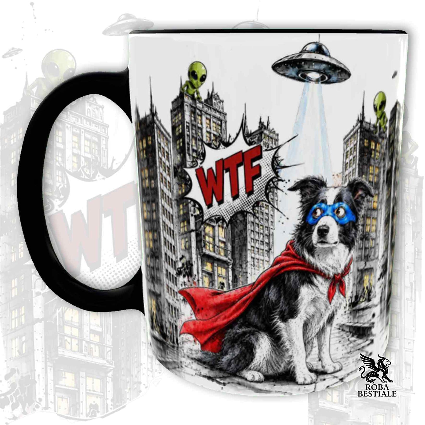 Tazza nera stampata con un Border Collie con espressione sorpresa, vestito da Super Eroe. Grafica originale Roba Bestiale, collezione Hero