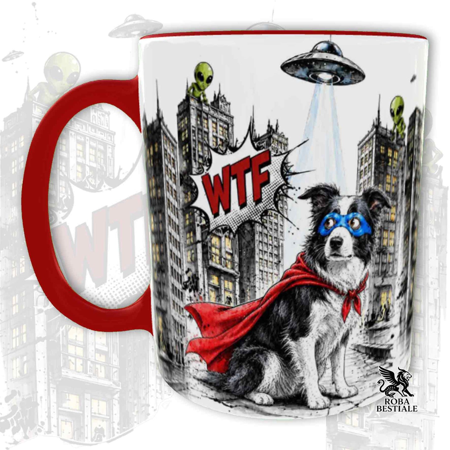 Tazza rossa stampata con un Border Collie con espressione sorpresa, vestito da Super Eroe. Grafica originale Roba Bestiale, collezione Hero