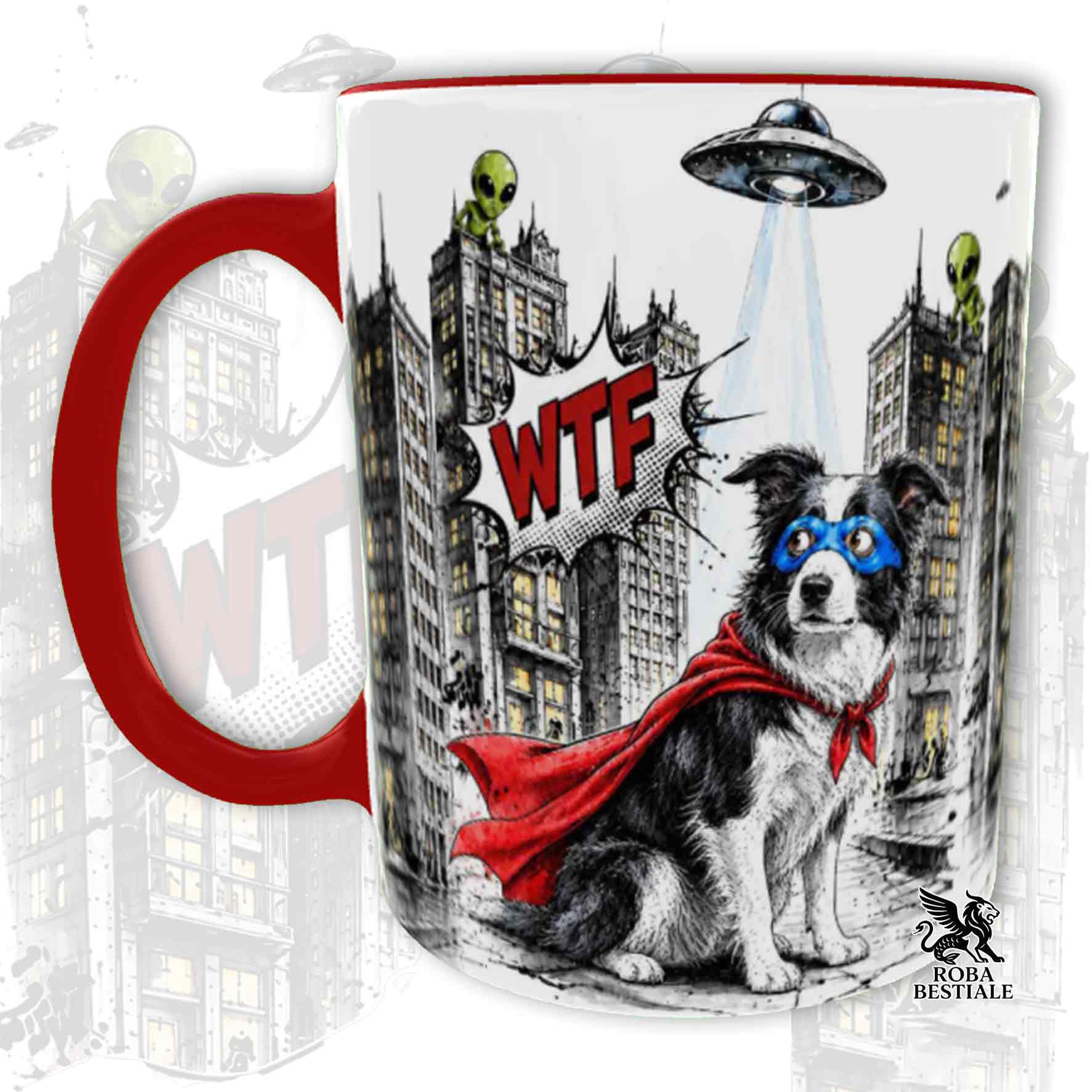 Tazza rossa stampata con un Border Collie con espressione sorpresa, vestito da Super Eroe. Grafica originale Roba Bestiale, collezione Hero
