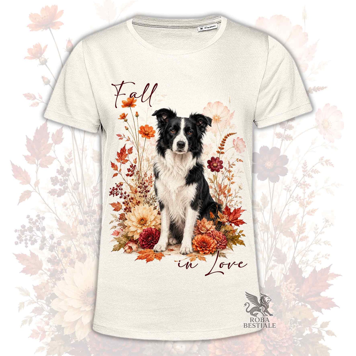 T-shirt beige stampata con un Border Collie seduto in mezzo a fiori e foglie autunnali. Grafica originale Roba Bestiale, collezione Fall in Love