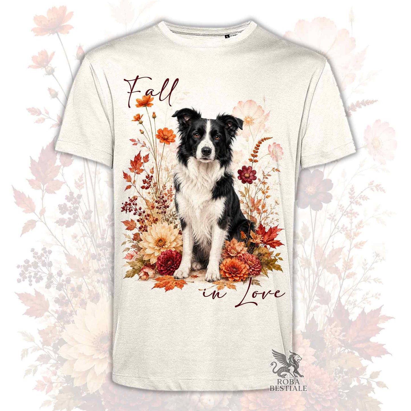 T-shirt beige stampata con un Border Collie seduto in mezzo a fiori e foglie autunnali. Grafica originale Roba Bestiale, collezione Fall in Love