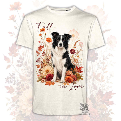 T-shirt beige stampata con un Border Collie seduto in mezzo a fiori e foglie autunnali. Grafica originale Roba Bestiale, collezione Fall in Love