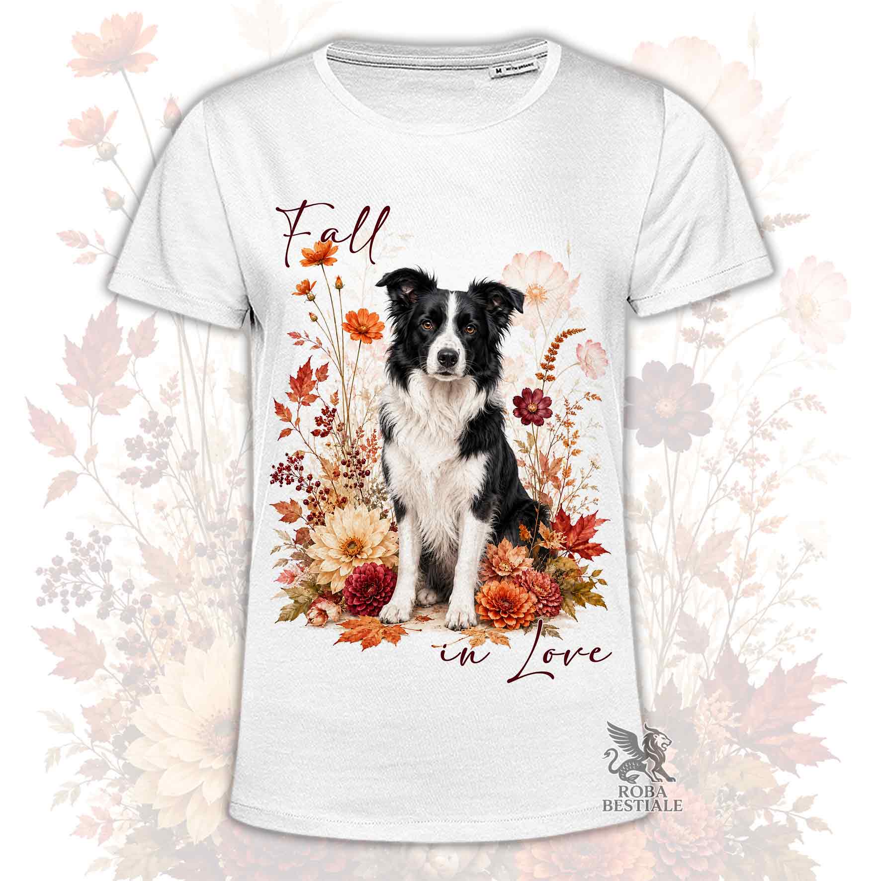 T-shirt bianca stampata con un Border Collie seduto in mezzo a fiori e foglie autunnali. Grafica originale Roba Bestiale, collezione Fall in Love