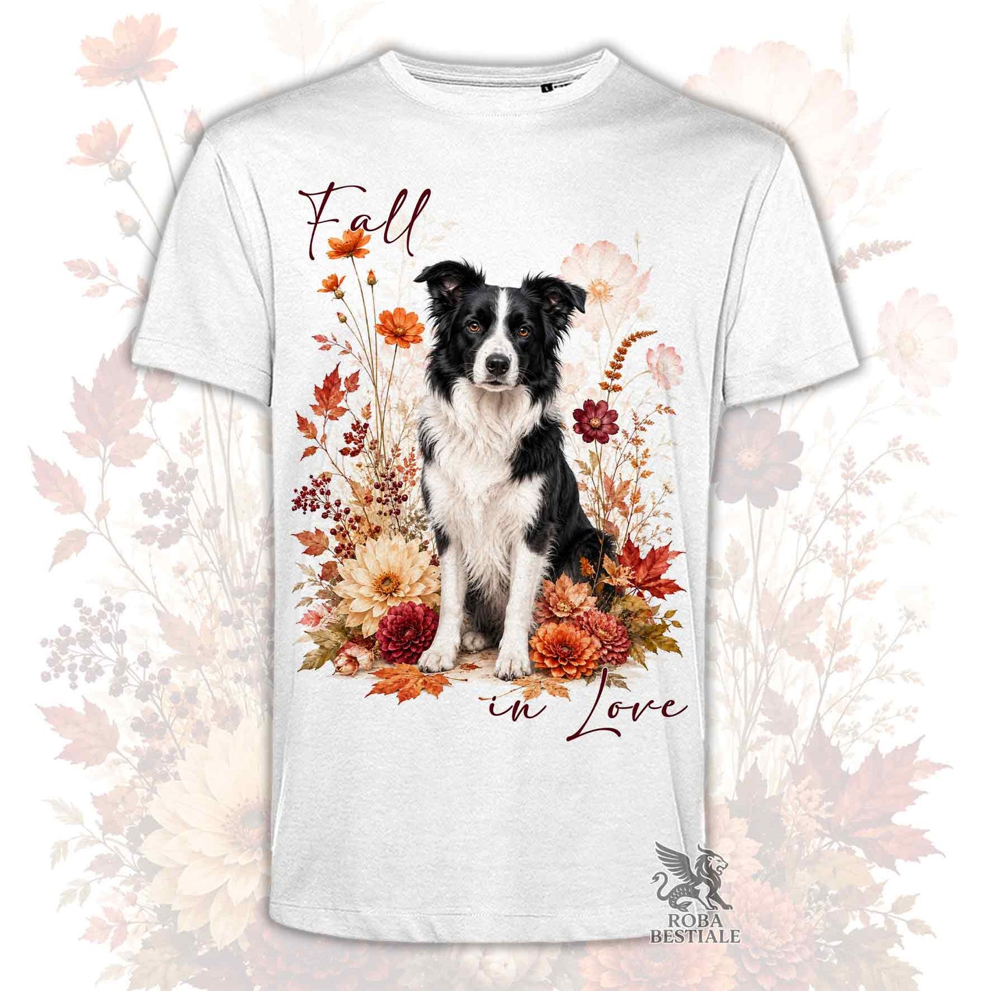 T-shirt bianca stampata con un Border Collie seduto in mezzo a fiori e foglie autunnali. Grafica originale Roba Bestiale, collezione Fall in Love