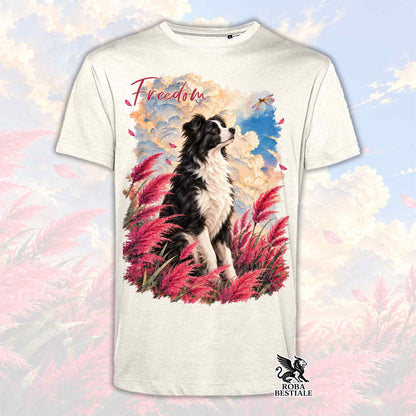 Maglietta bianca con stampa Border Collie tra piume rosse e blu, scollo tondo