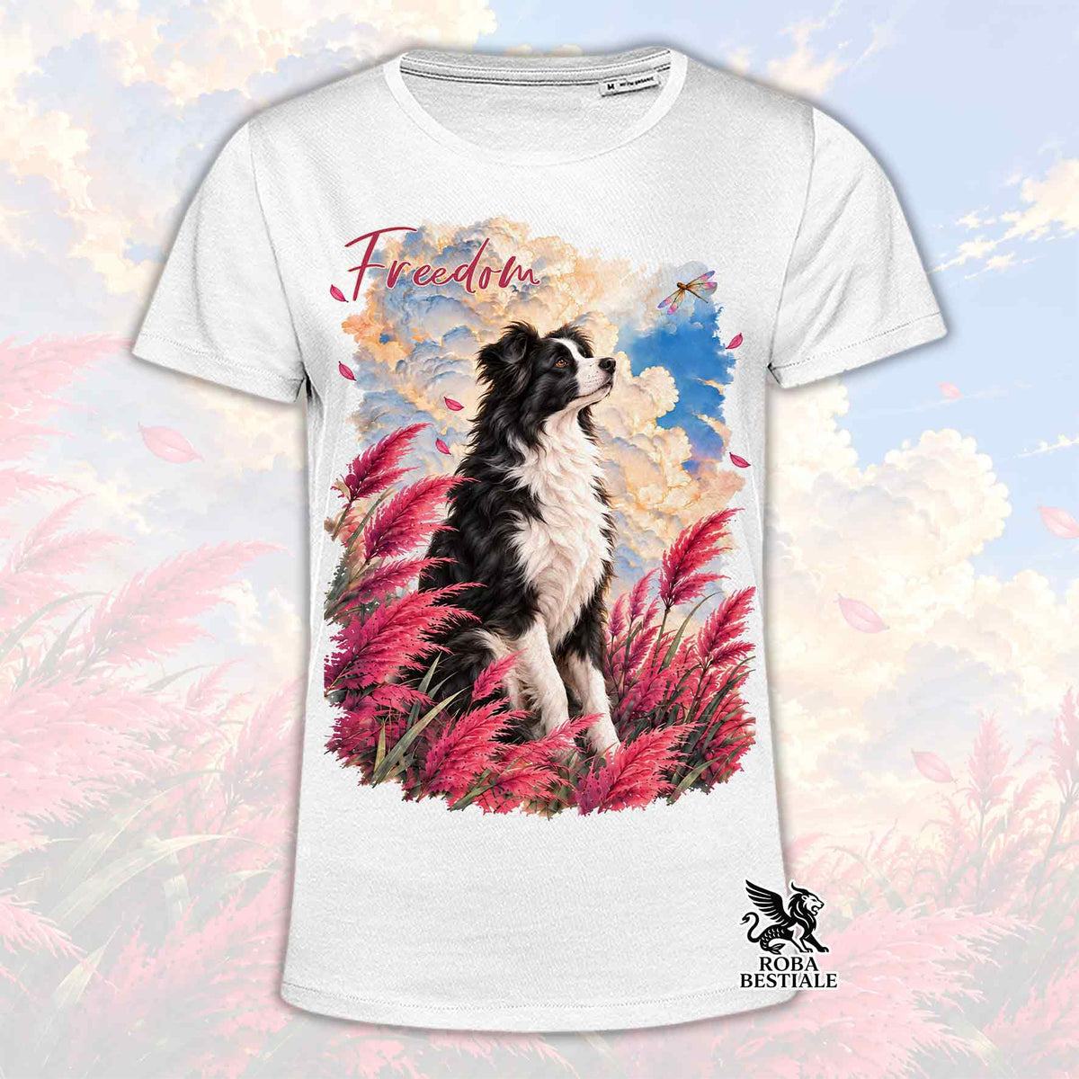 Maglietta bianca con stampa Border Collie e logo sul fondo, scollo tondo
