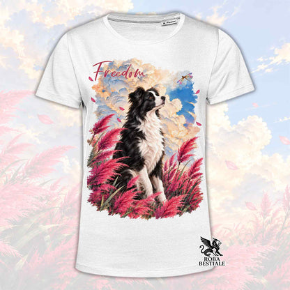 Maglietta bianca con stampa Border Collie e logo sul fondo, scollo tondo