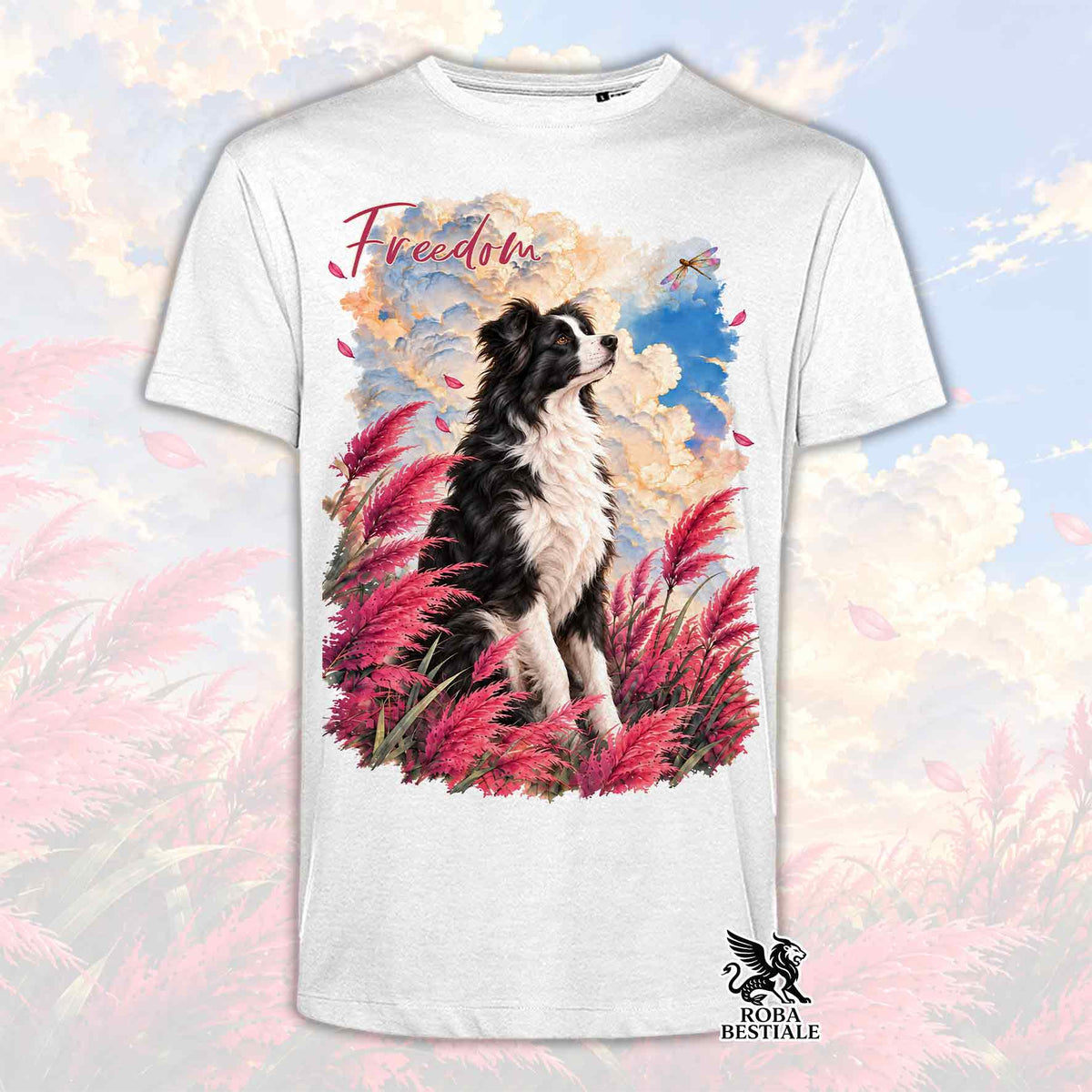 Maglietta bianca con stampa Border Collie a colori, piume e scollo tondo