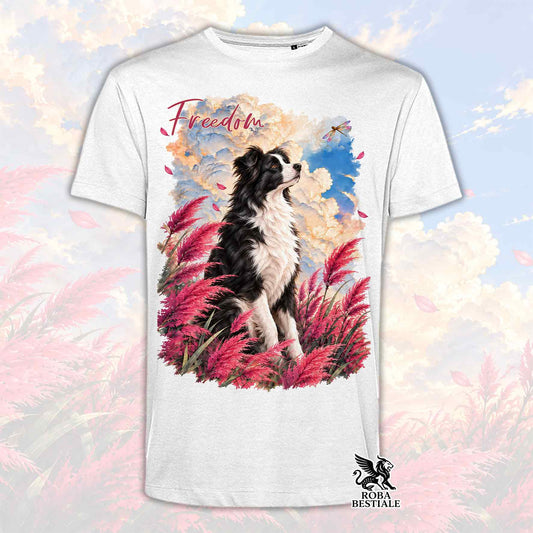 Maglietta bianca con stampa Border Collie a colori, piume e scollo tondo