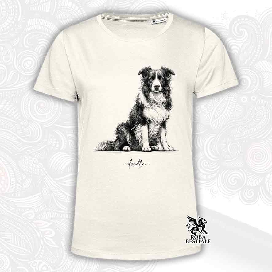 T-shirt beige stampata con un Border Collie, grafica Doodle