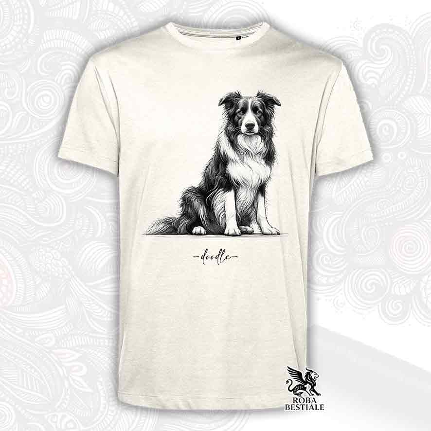 T-shirt beige stampata con un Border Collie, grafica Doodle