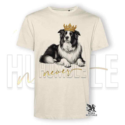 T-shirt stampata con un Border Collie, colore beige con grafica Never Humble