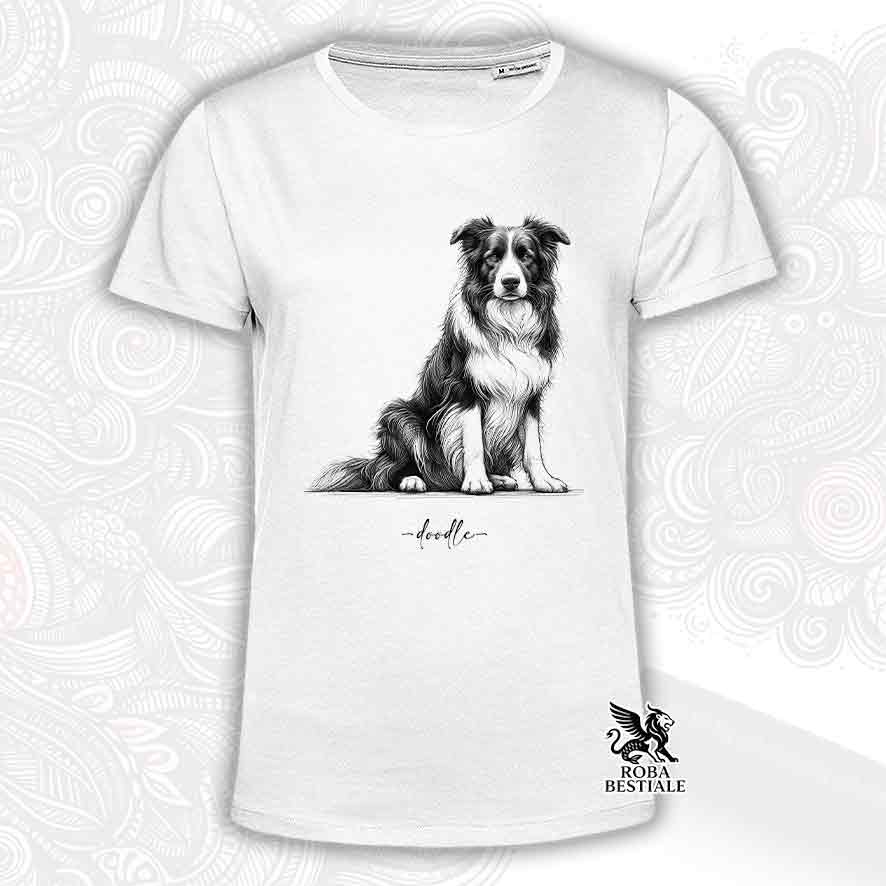 T-shirt bianca stampata con un Border Collie, grafica Doodle