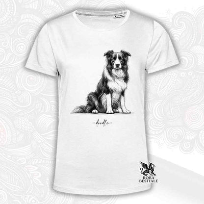 T-shirt bianca stampata con un Border Collie, grafica Doodle
