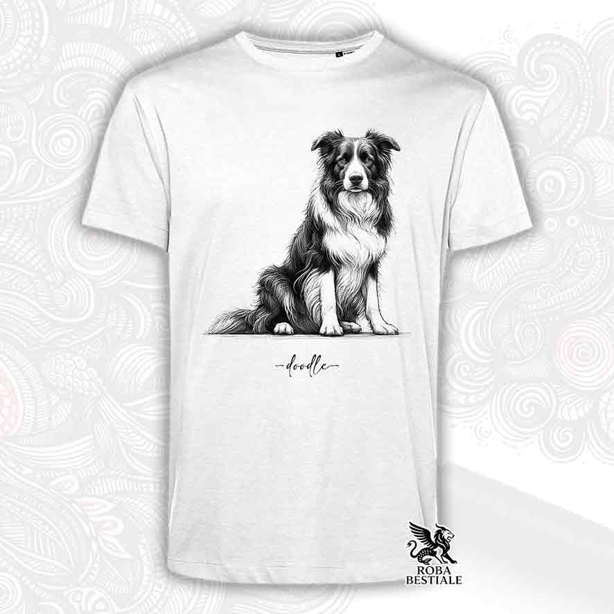 T-shirt bianca stampata con un Border Collie, grafica Doodle