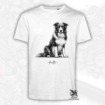 T-shirt bianca stampata con un Border Collie, grafica Doodle