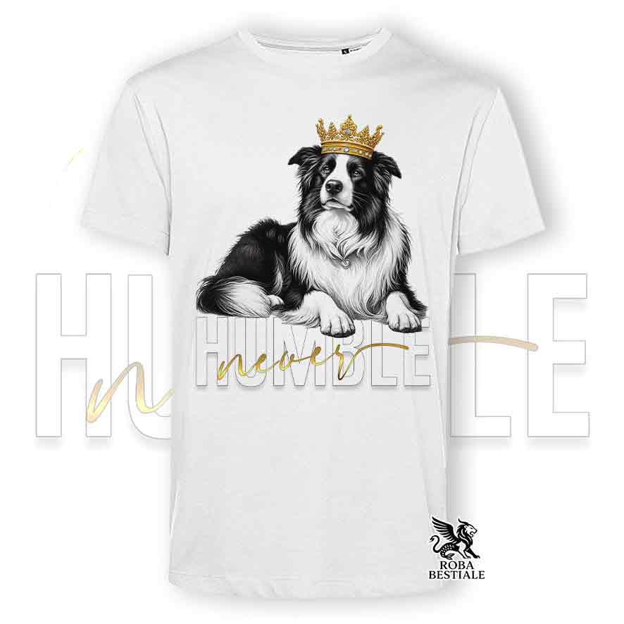 T-shirt stampata con un Border Collie, colore bianco con grafica Never Humble