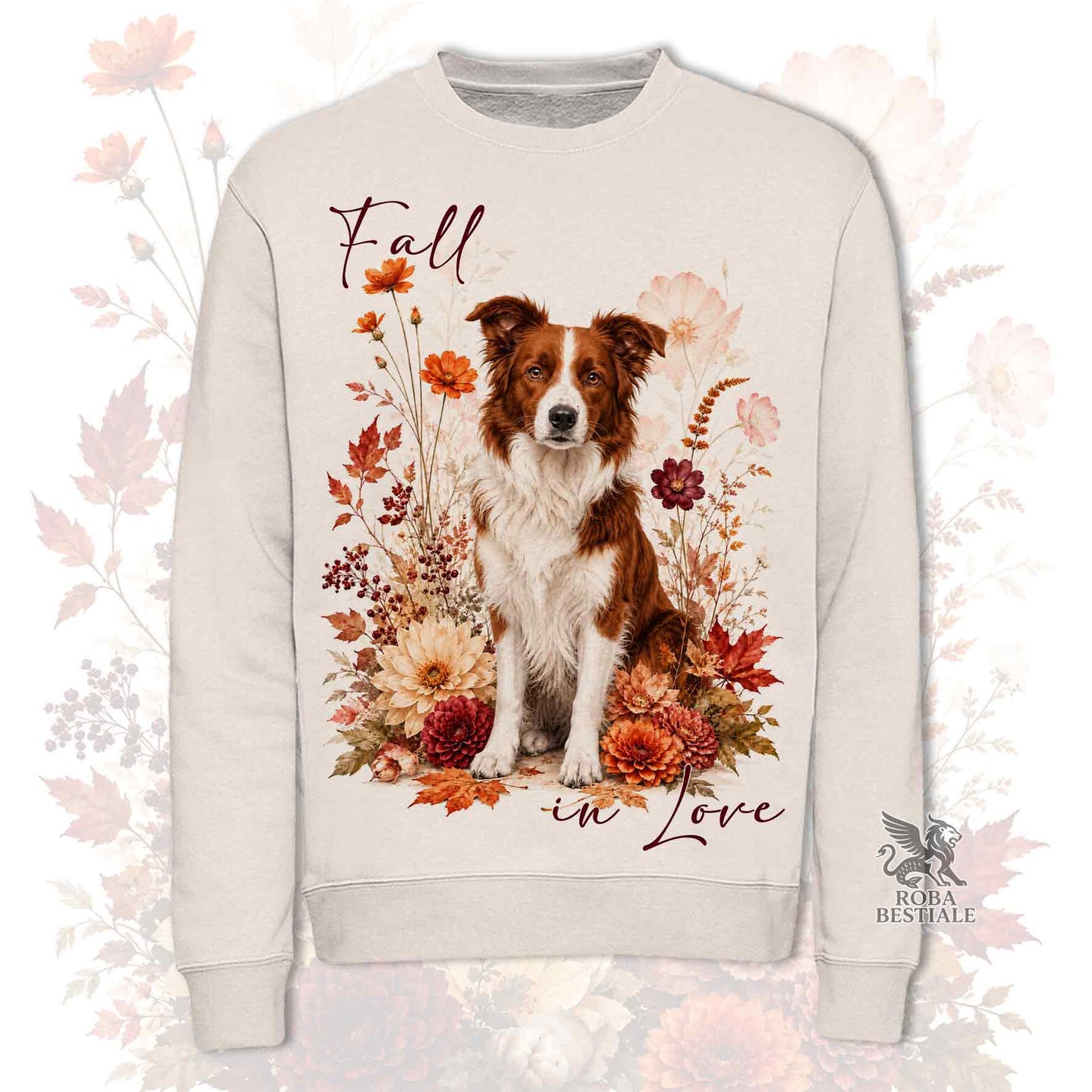Felpa girocollo beige stampata con un Border Collie seduto in mezzo a fiori e foglie autunnali. Grafica originale Roba Bestiale, collezione Fall in Love
