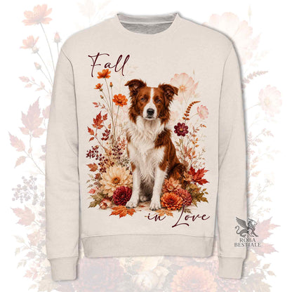 Felpa girocollo beige stampata con un Border Collie seduto in mezzo a fiori e foglie autunnali. Grafica originale Roba Bestiale, collezione Fall in Love