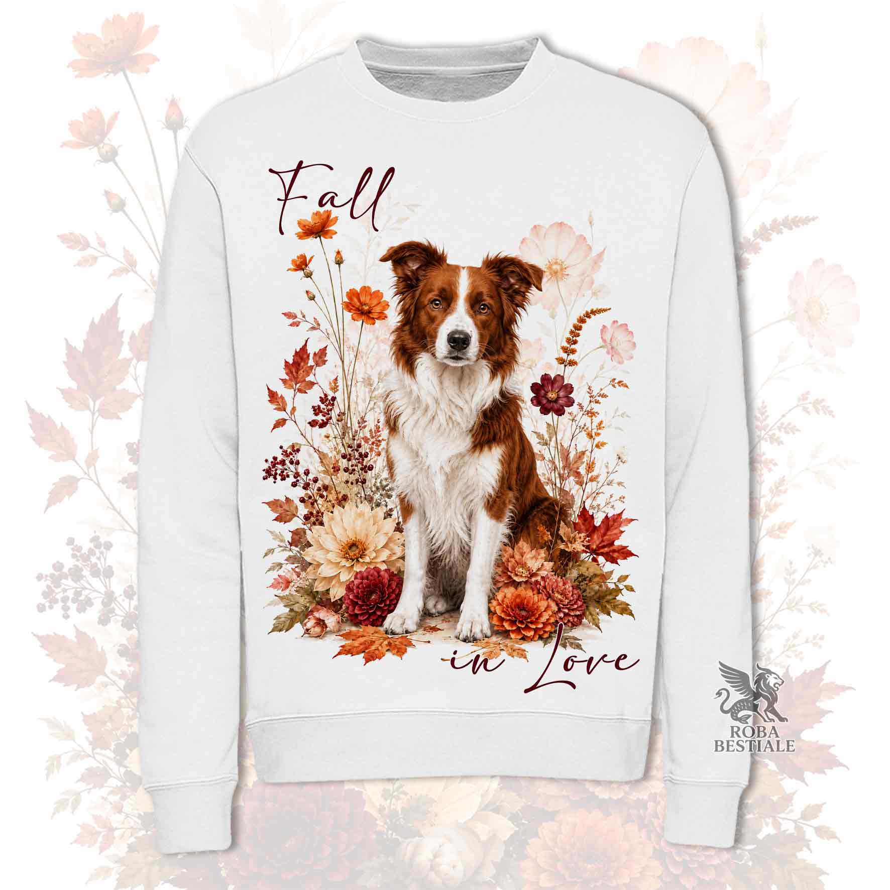 Felpa girocollo bianca stampata con un Border Collie seduto in mezzo a fiori e foglie autunnali. Grafica originale Roba Bestiale, collezione Fall in Love