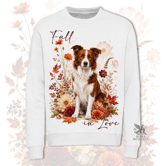 Felpa girocollo bianca stampata con un Border Collie seduto in mezzo a fiori e foglie autunnali. Grafica originale Roba Bestiale, collezione Fall in Love