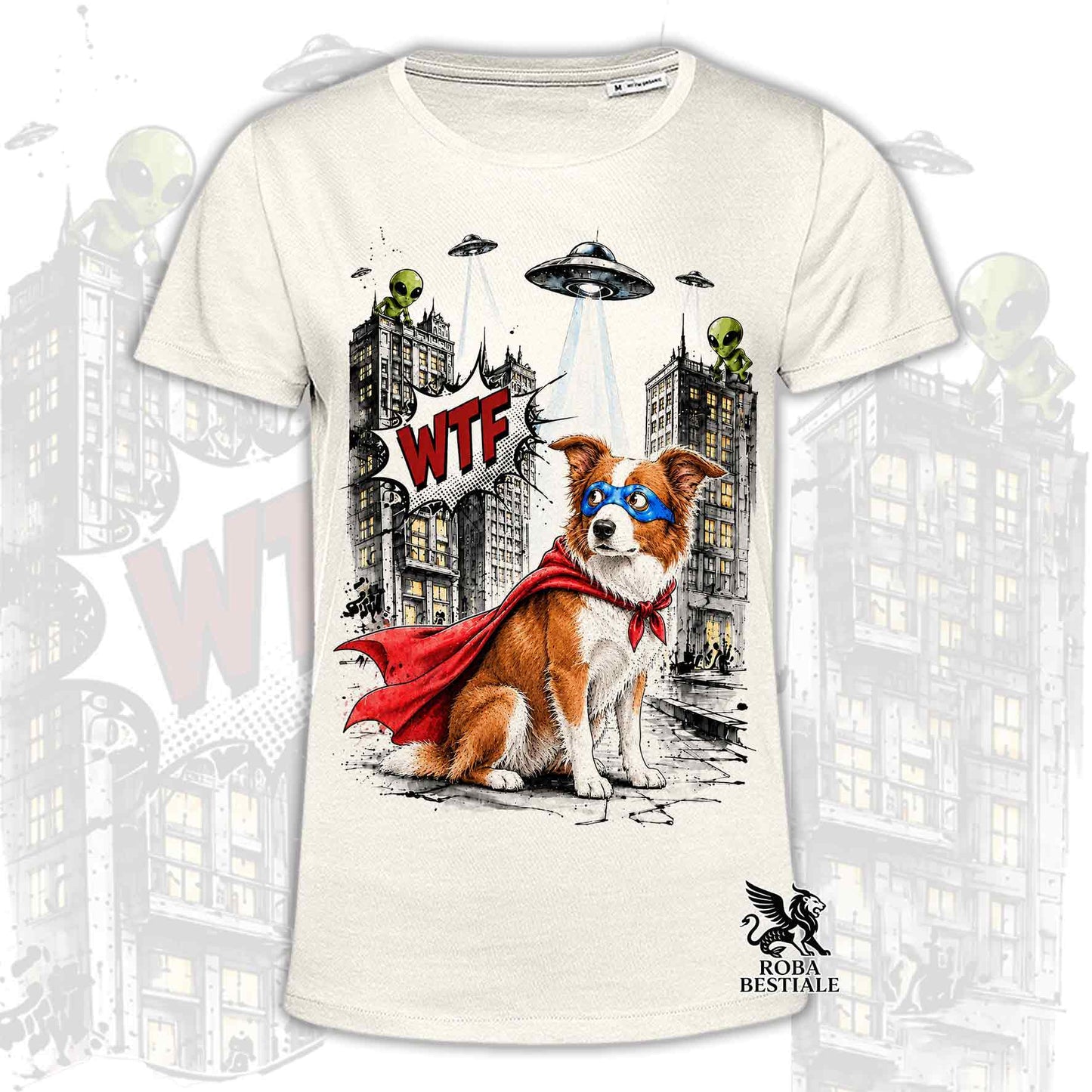 T-shirt beige stampata con un Border Collie con espressione sorpresa, vestito da Super Eroe. Grafica originale Roba Bestiale, collezione Hero