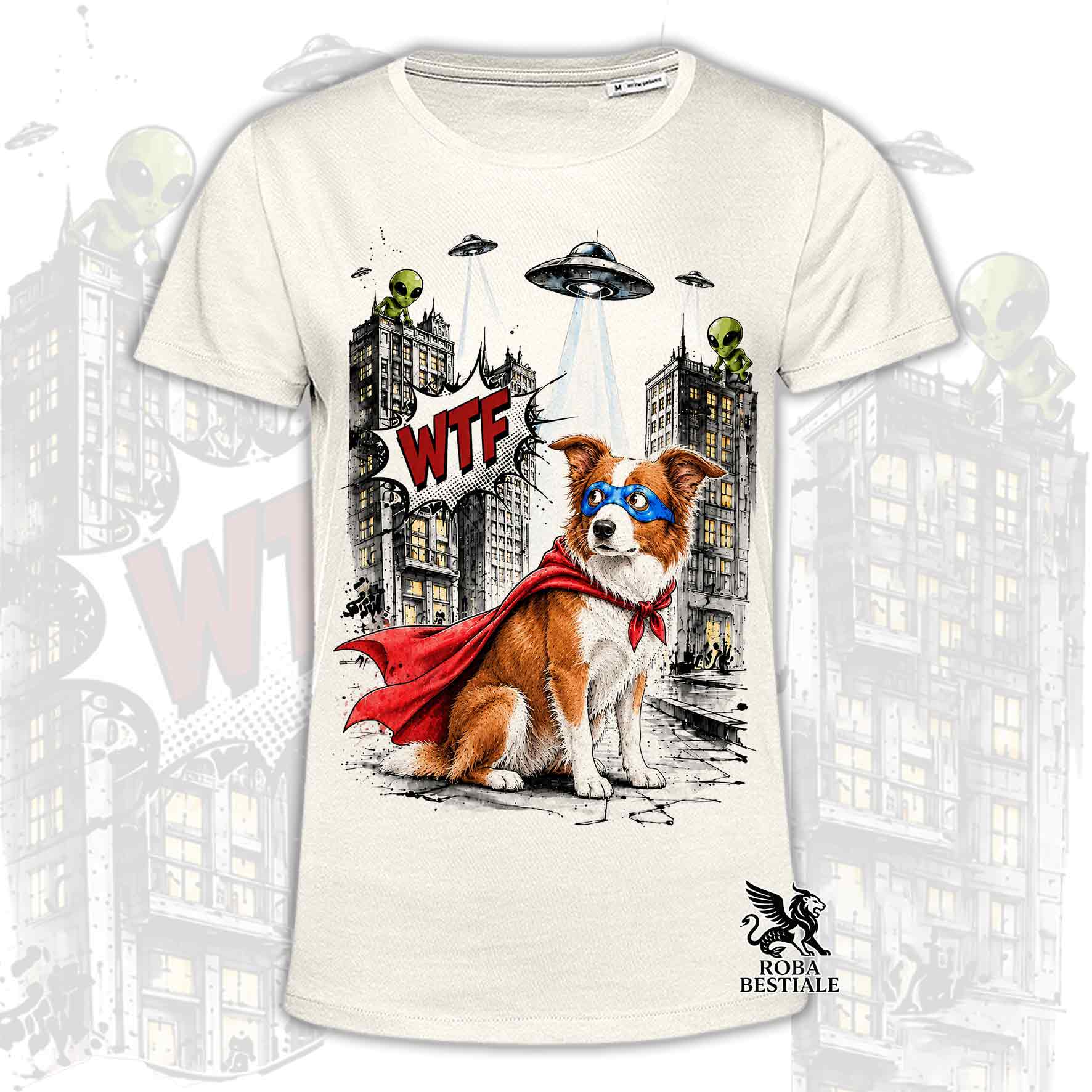 T-shirt beige stampata con un Border Collie con espressione sorpresa, vestito da Super Eroe. Grafica originale Roba Bestiale, collezione Hero