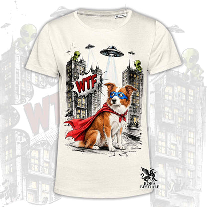 T-shirt beige stampata con un Border Collie con espressione sorpresa, vestito da Super Eroe. Grafica originale Roba Bestiale, collezione Hero