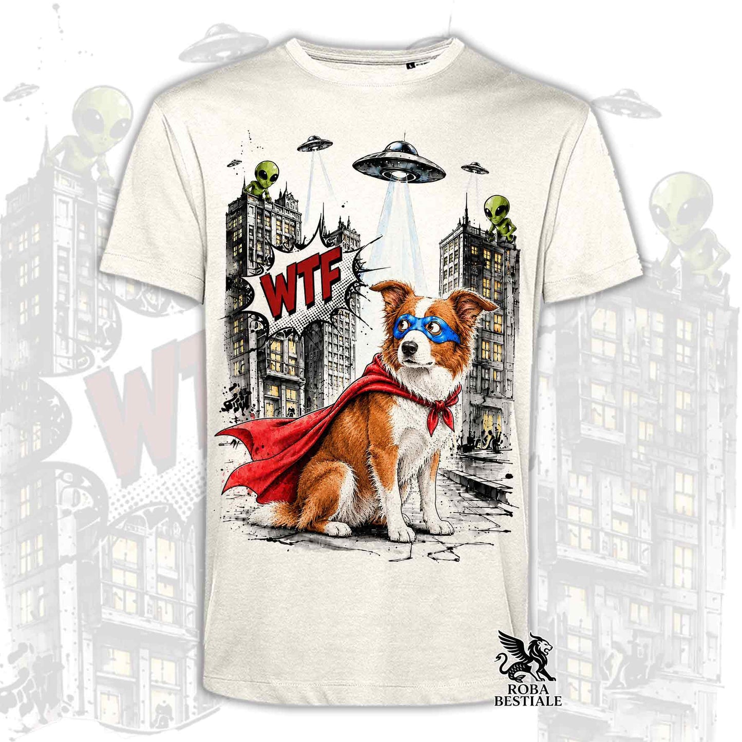 T-shirt beige stampata con un Border Collie con espressione sorpresa, vestito da Super Eroe. Grafica originale Roba Bestiale, collezione Hero