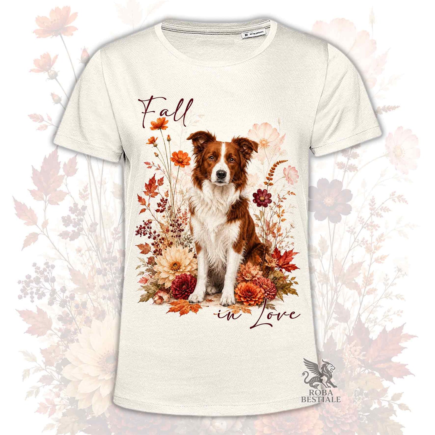 T-shirt beige stampata con un Border Collie seduto in mezzo a fiori e foglie autunnali. Grafica originale Roba Bestiale, collezione Fall in Love