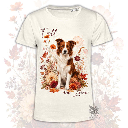 T-shirt beige stampata con un Border Collie seduto in mezzo a fiori e foglie autunnali. Grafica originale Roba Bestiale, collezione Fall in Love