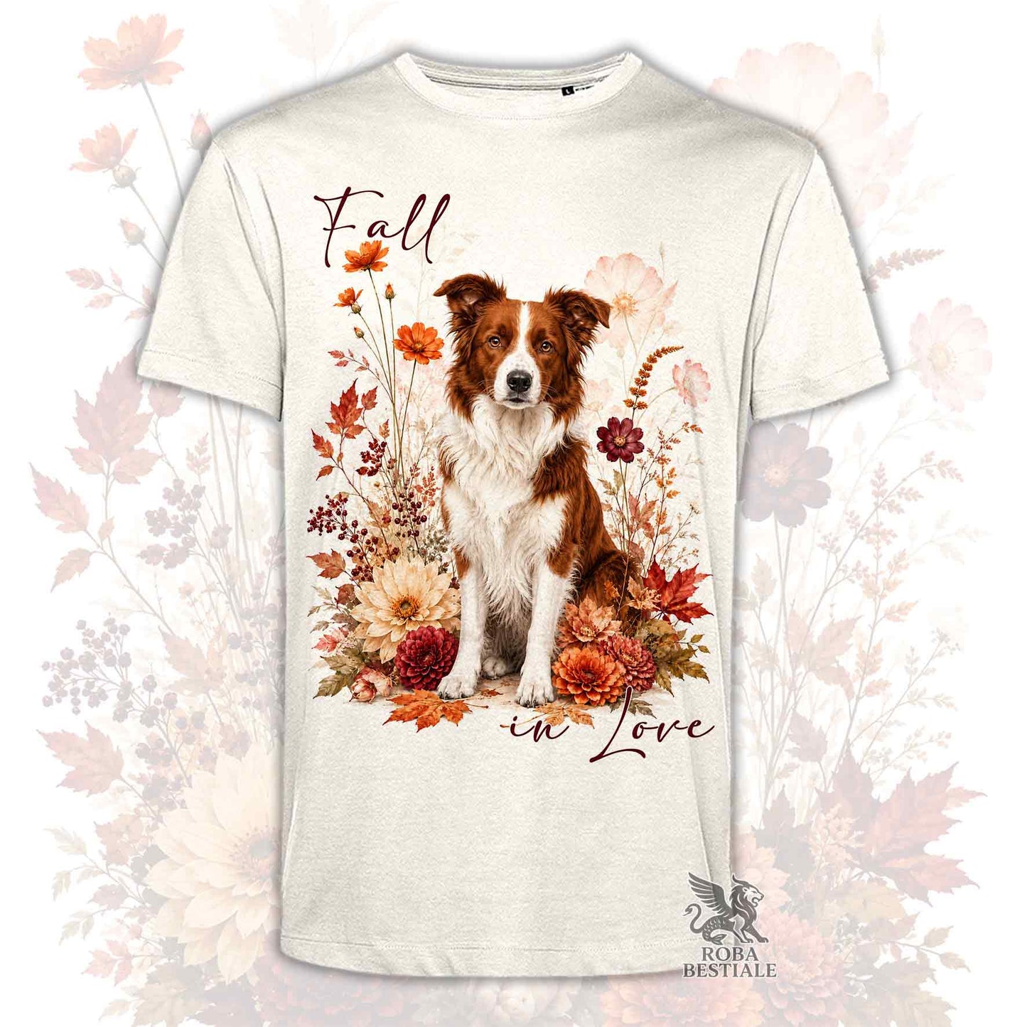 T-shirt beige stampata con un Border Collie seduto in mezzo a fiori e foglie autunnali. Grafica originale Roba Bestiale, collezione Fall in Love
